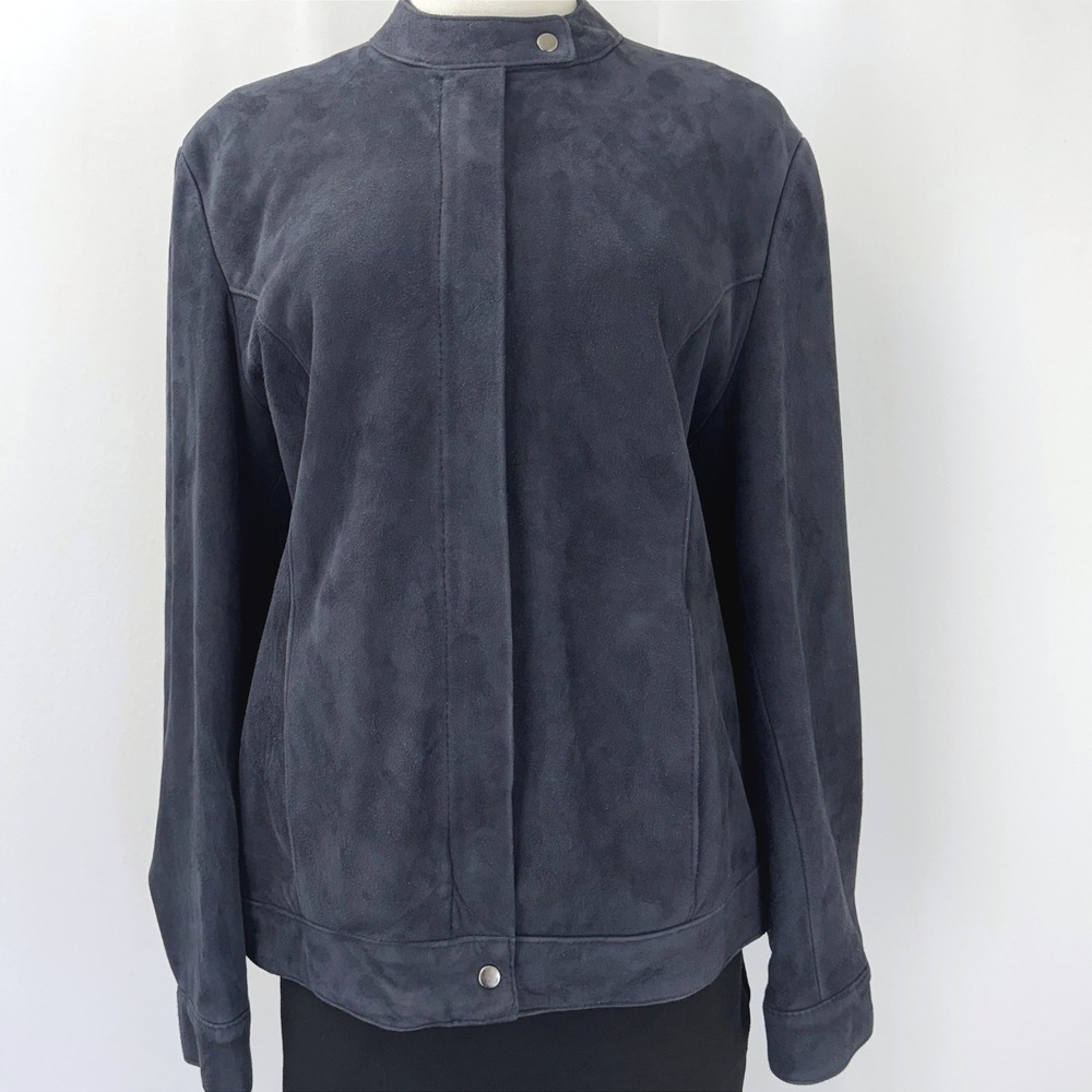 Vintage‎ Brooks Brothers Navy Blue Suede Leather Band Collar Jacket Womens Small